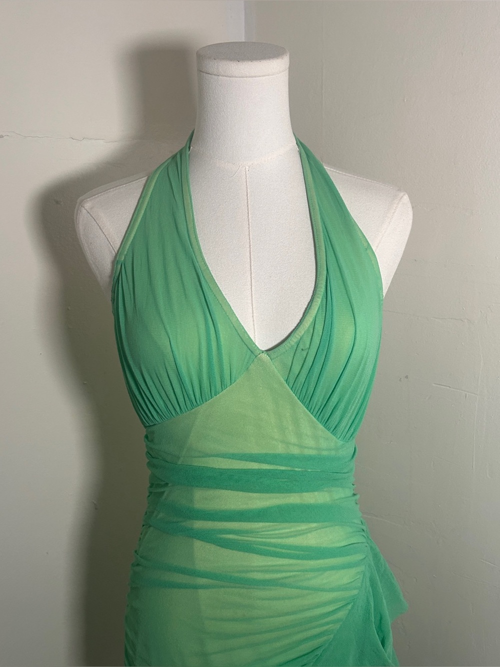 Sheer Halter Ruched Chemise in Mint Green